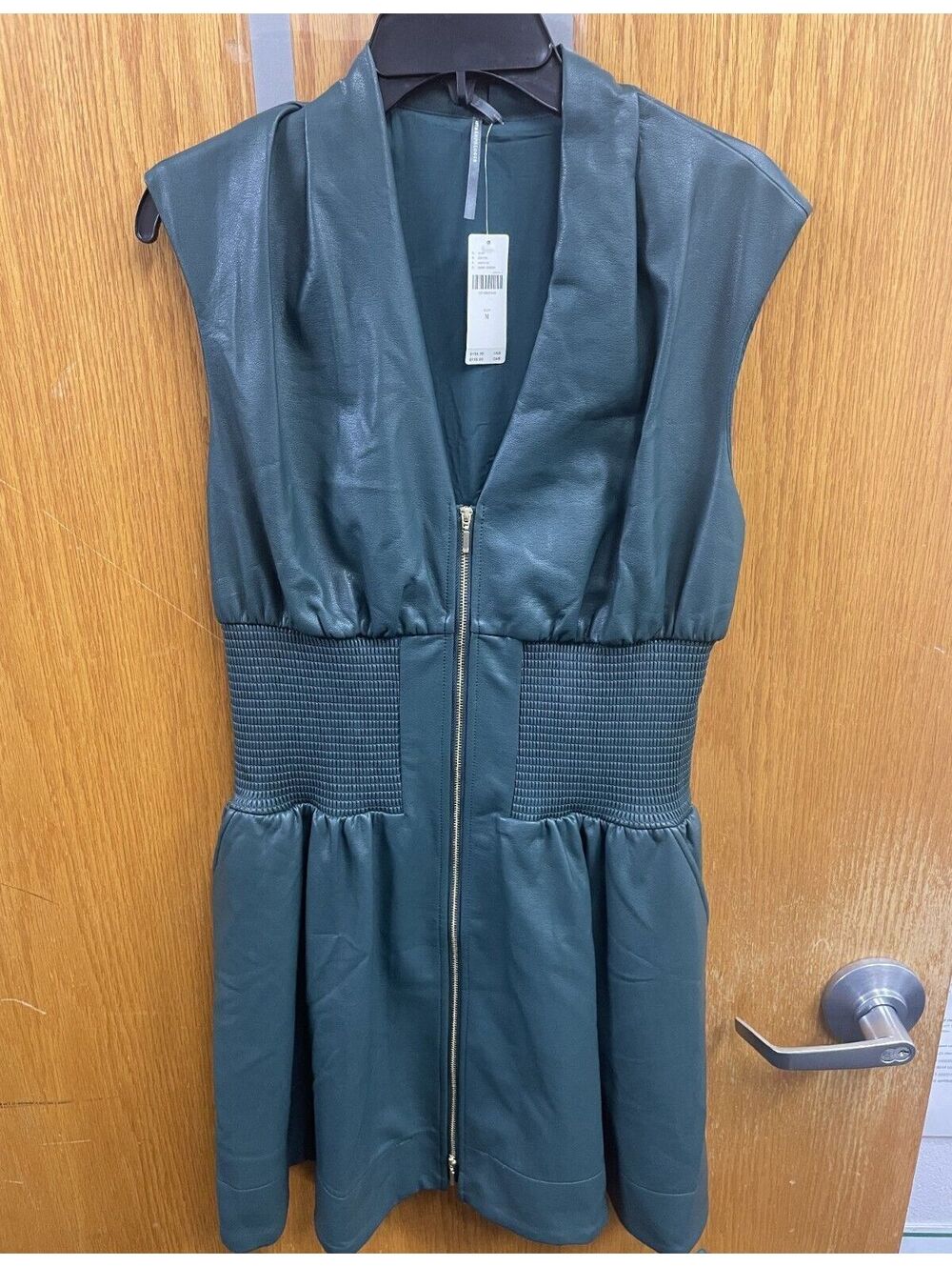 Anthropologie Dark Emerald Green Faux Leather V-Neck Midi Dress NWT Size Medium